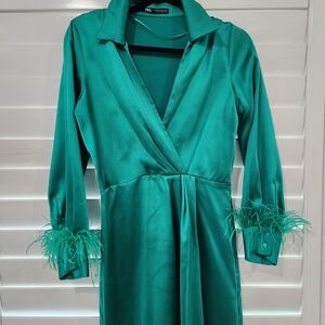 Green Satin Dress with Feather Cuffs